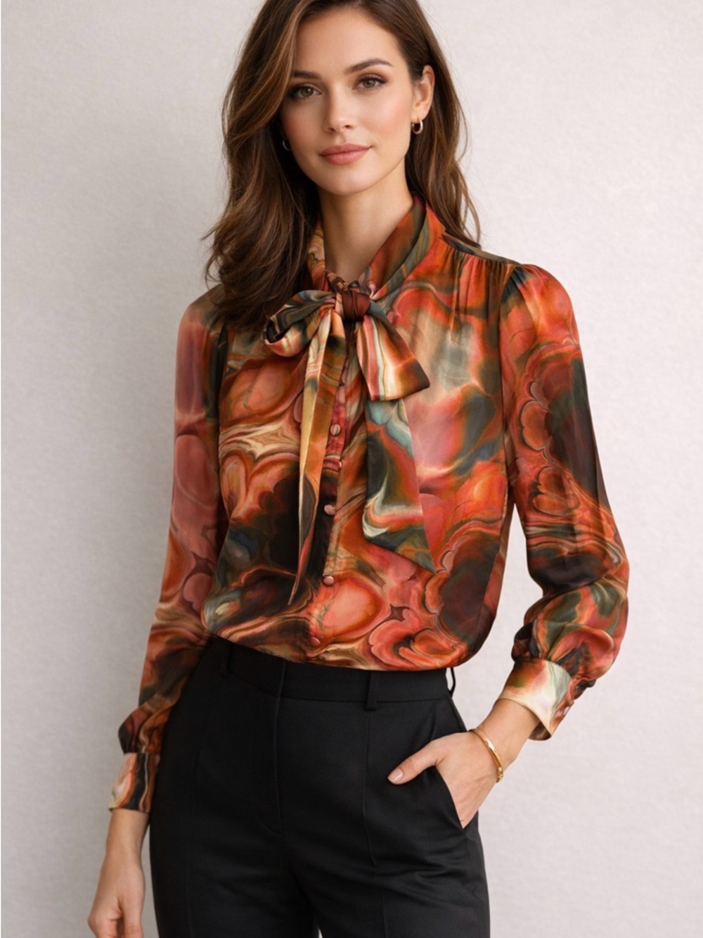 Marie Oliver Silk Watercolor Print Tie Neck Blouse XS